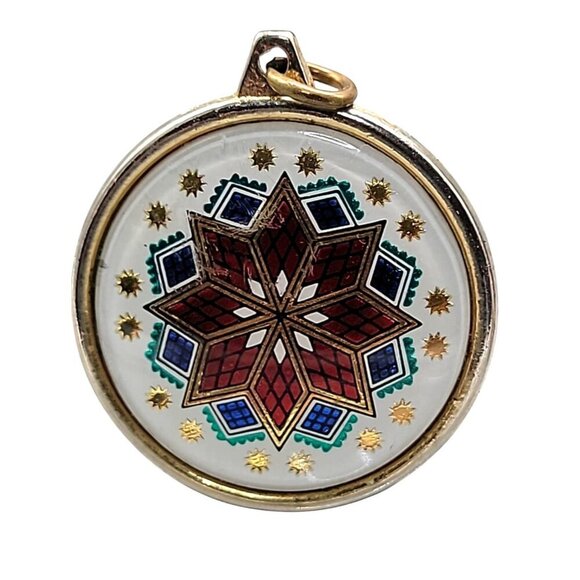 Snowflake Design Pendant Double Sided Multicolor Round Silver-tone Setting - Picture 2 of 9